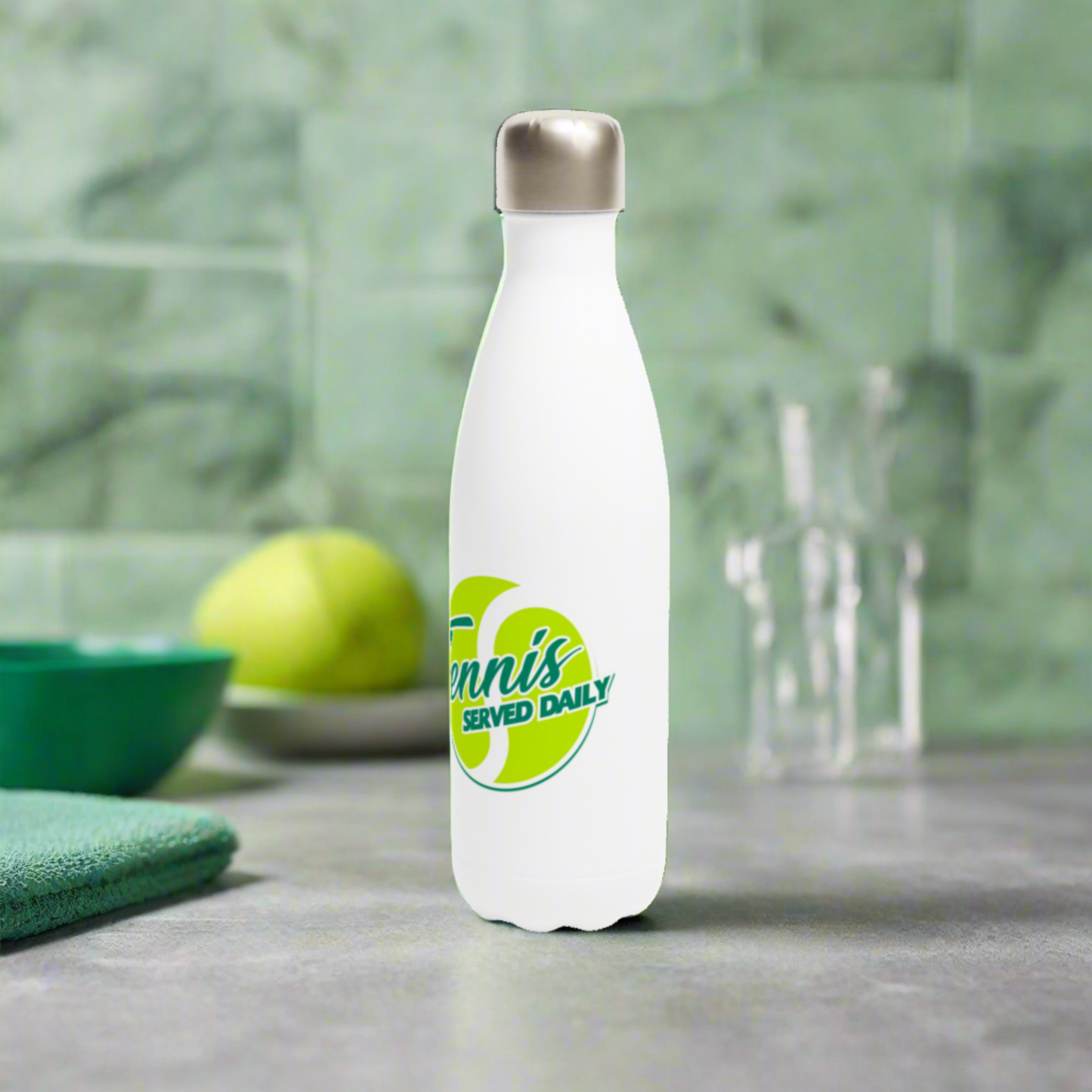 White 17oz Stainless Steel Water Bottle - Tennis Focus - Tennis Served Daily